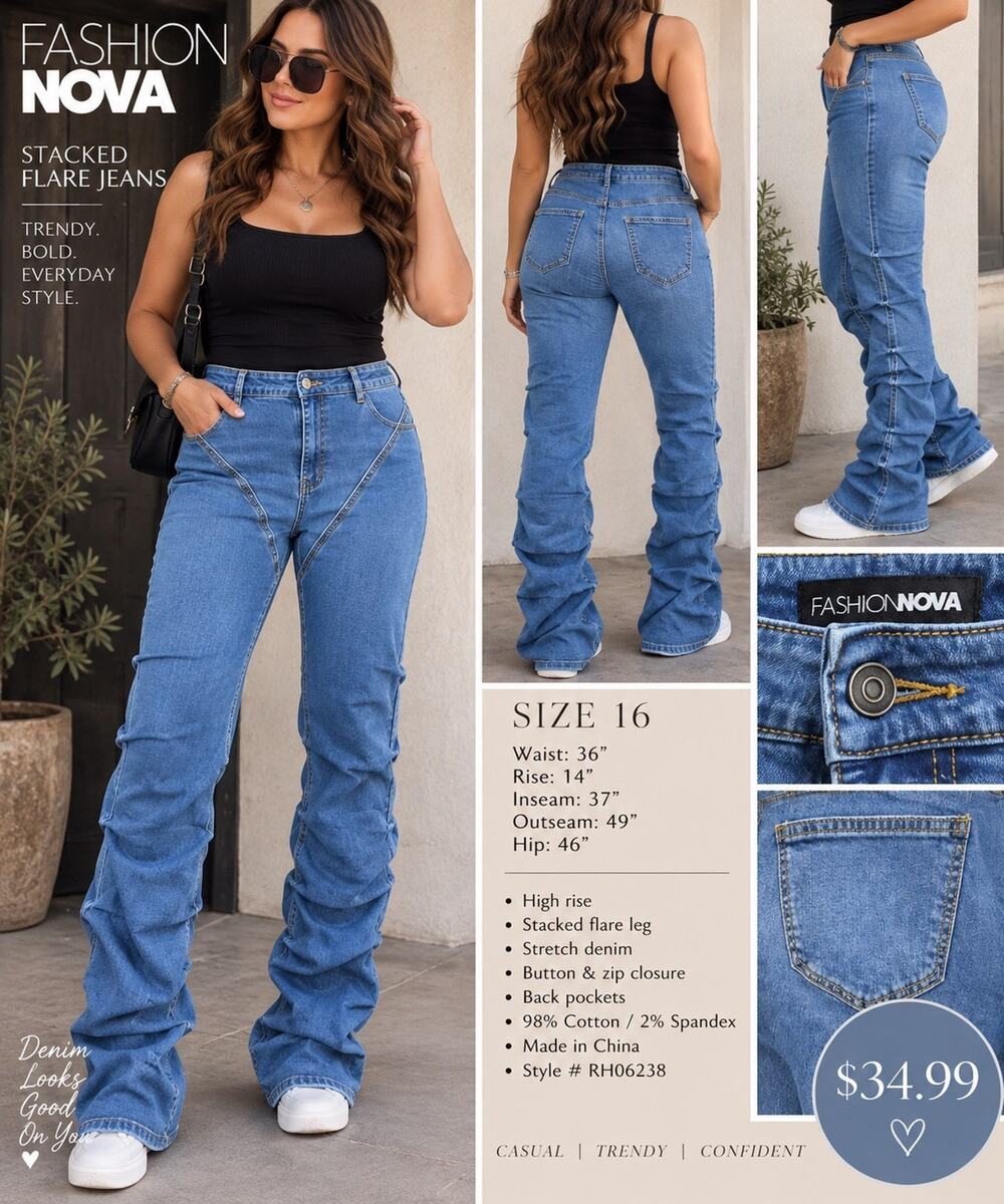 Fashion Nova Women Flared Blue Denim Stretch 5-Pocket Zip/Button Jeans SZ 16